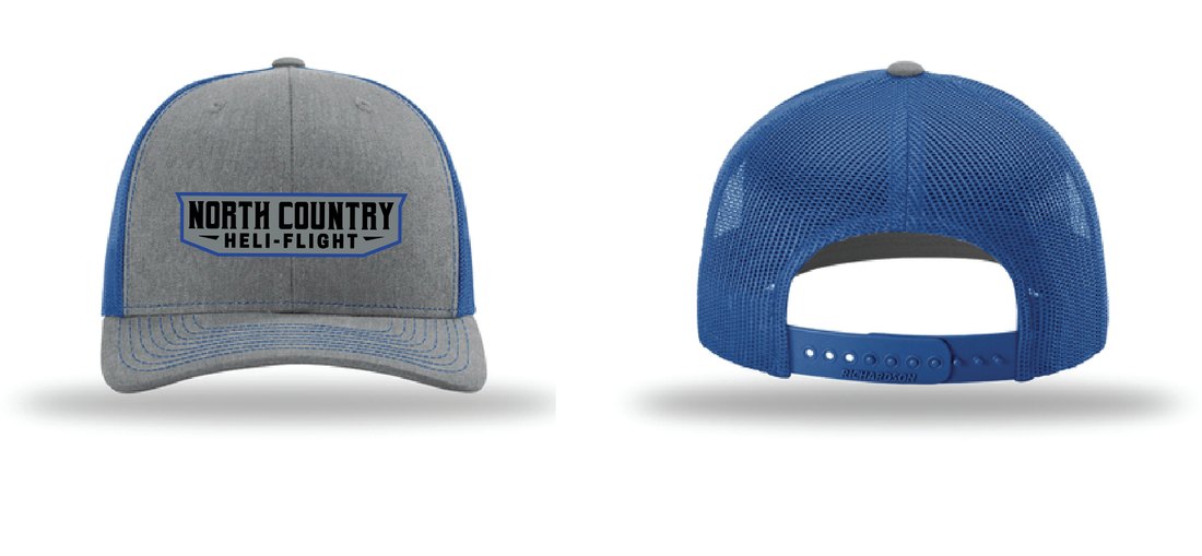 North Country Heli Flight trucker cap — heather grey front with royal-blue mesh back