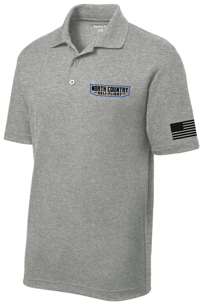 North Country Heli Flight performance polo — heather grey with chest logo and American flag sleeve