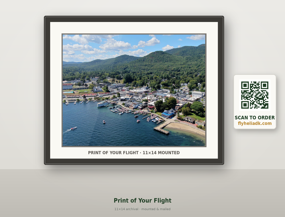 Framed print of your flight — Lake George aerial, mounted