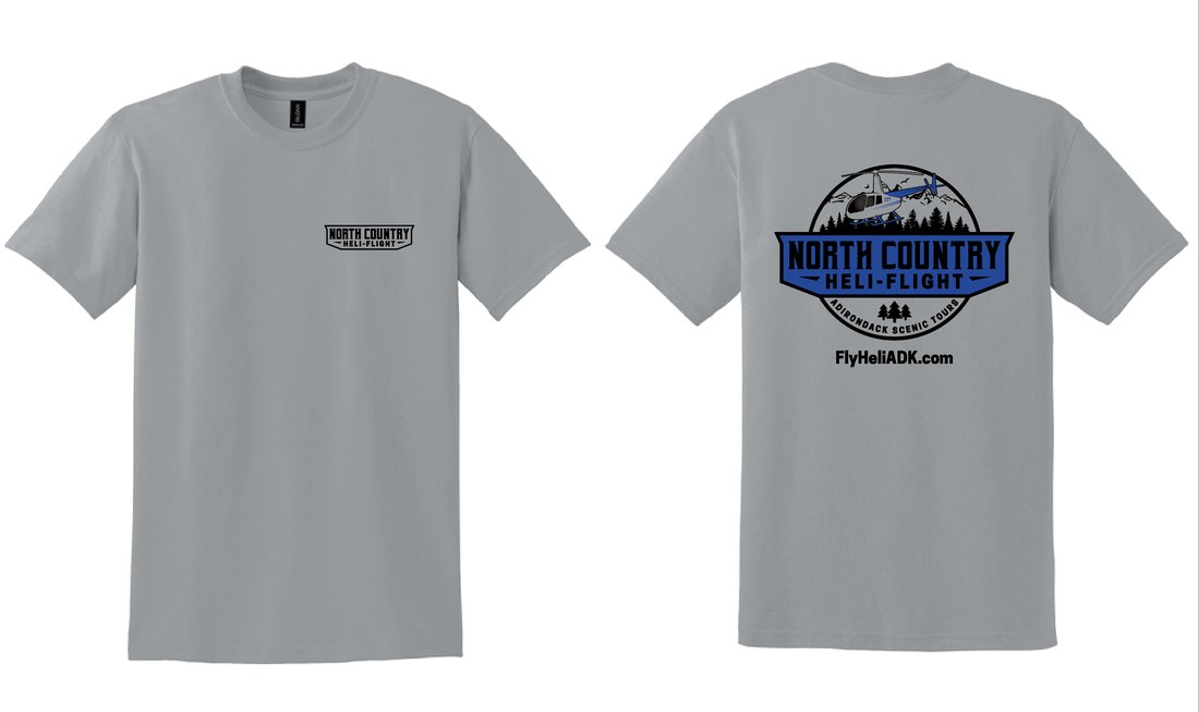 North Country Heli Flight printed t-shirt — heather grey, front and back